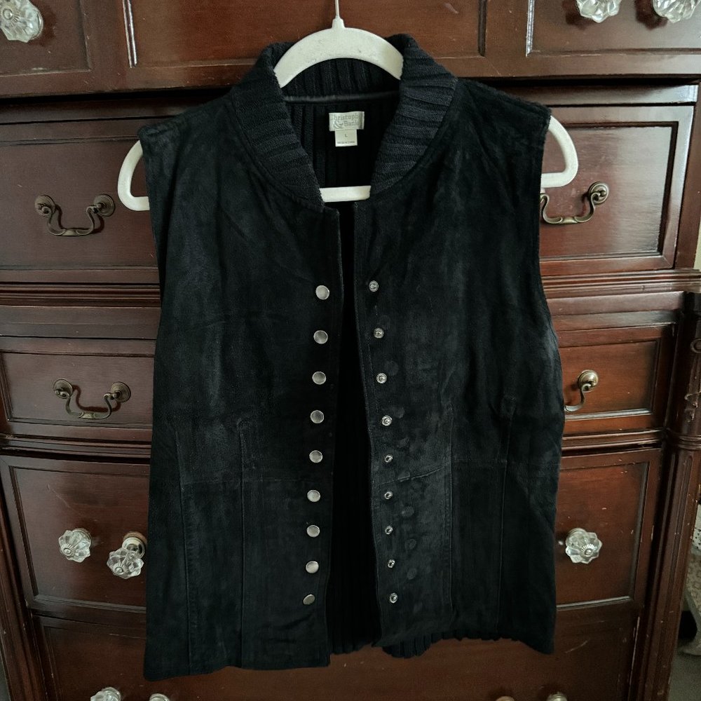 Black Suede Front & Sweater Back Snap Vest - Size L